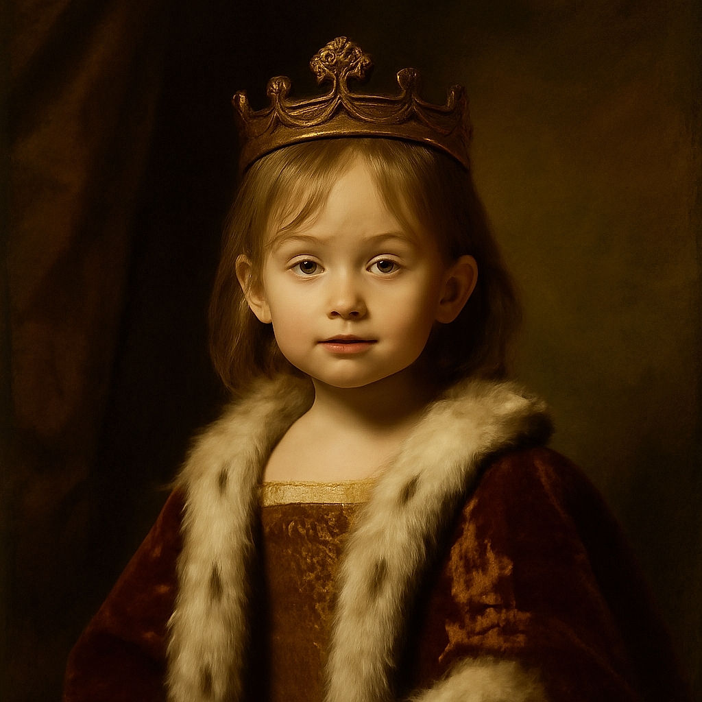 A close-up of a toddler with tousled hair and a curious expression, set against a warm red background. The child wears a cozy, fluffy vest, looking like they just paused mid-adventure to check out the camera.