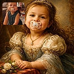 A toddler with a pacifier grins widely during a video call, with an older woman appearing in a small inset window. The child is dressed in a sleeveless denim dress and is leaning forward on a carpeted floor, surrounded by a cozy living room setting. The screen shows video call interface buttons at the bottom.