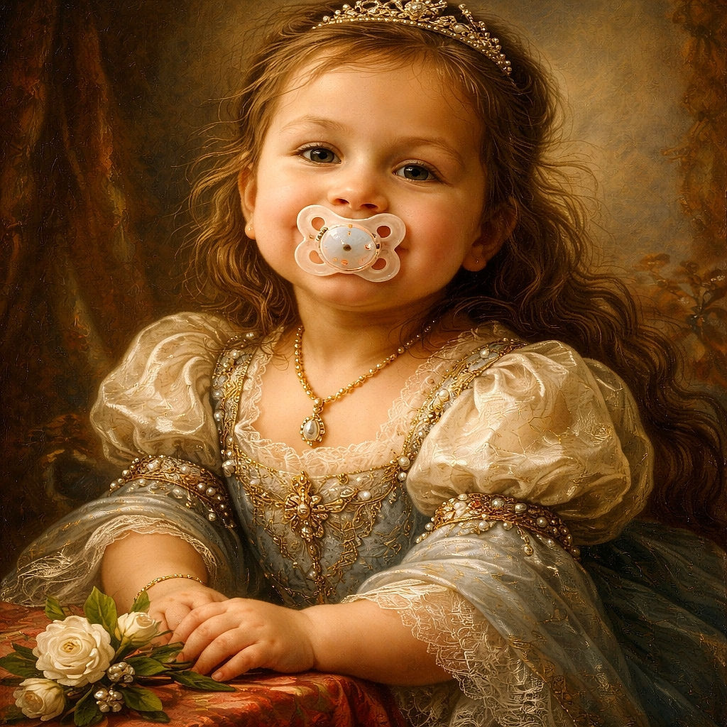 A toddler with a pacifier grins widely during a video call, with an older woman appearing in a small inset window. The child is dressed in a sleeveless denim dress and is leaning forward on a carpeted floor, surrounded by a cozy living room setting. The screen shows video call interface buttons at the bottom.