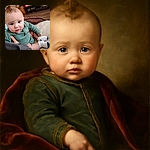 A chubby-cheeked baby with bright blue eyes and a playful mohawk is being held gently, wearing a green onesie and white socks with dark tips, sitting comfortably on a couch with a cozy, lived-in background.