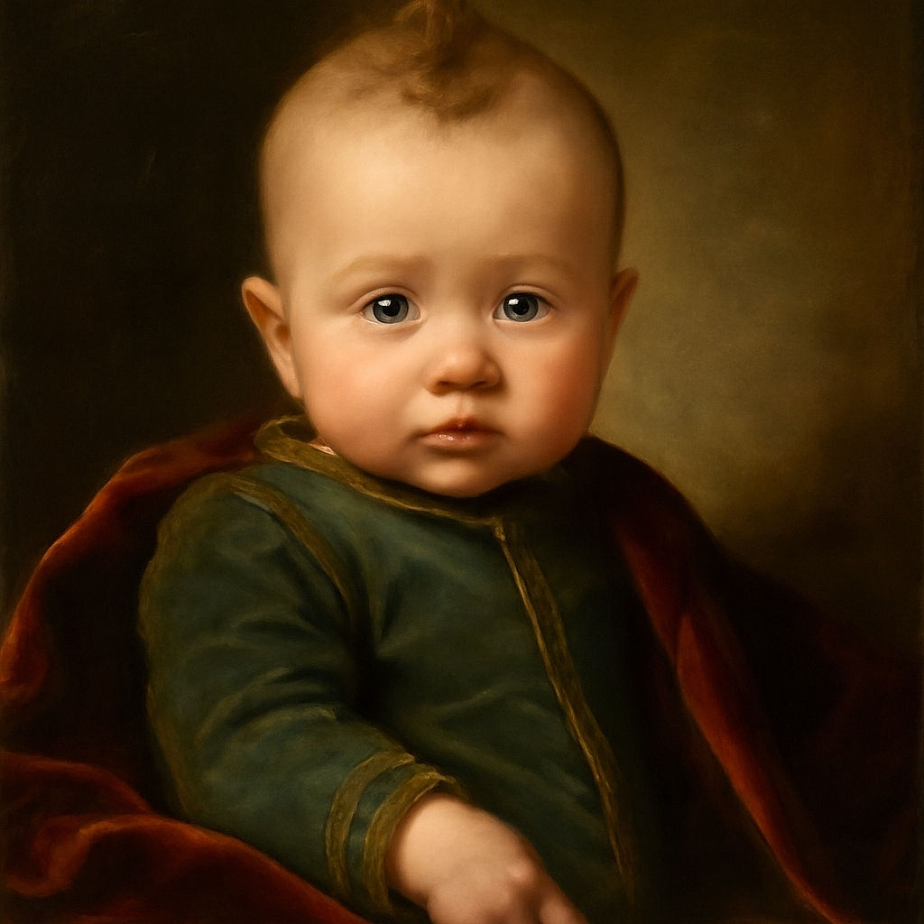 A chubby-cheeked baby with bright blue eyes and a playful mohawk is being held gently, wearing a green onesie and white socks with dark tips, sitting comfortably on a couch with a cozy, lived-in background.