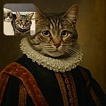 Two cats lounging on a bed with a floral pillow in the background; the closest cat is looking directly at the camera with intense green eyes while the other cat reclines behind, giving a relaxed and cozy vibe.