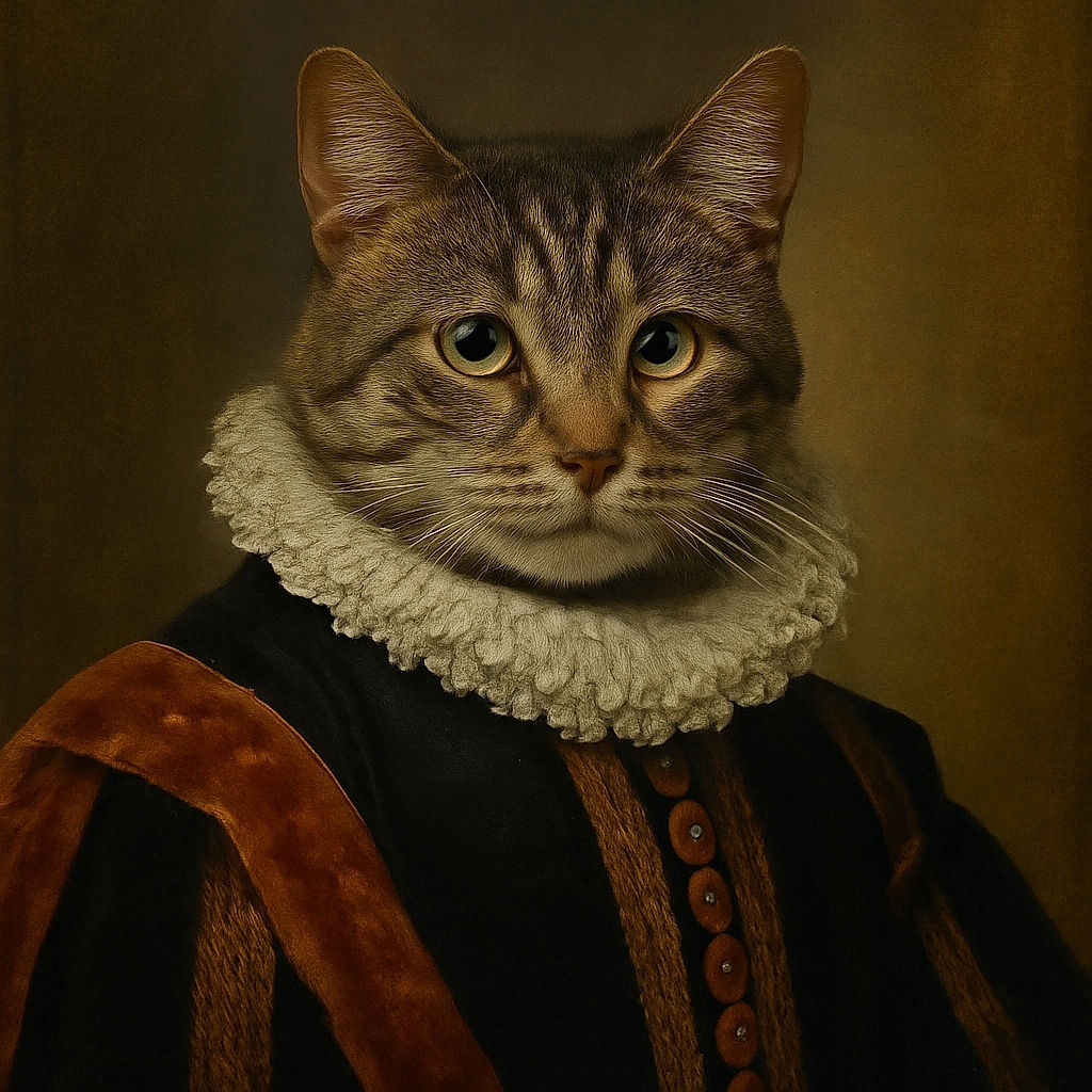 Two cats lounging on a bed with a floral pillow in the background; the closest cat is looking directly at the camera with intense green eyes while the other cat reclines behind, giving a relaxed and cozy vibe.