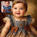 An adorable baby girl with a big smile, wearing a stylish denim dress adorned with lace and bows, complemented by a matching headband with rhinestones, set against a softly blurred background with warm fairy lights.