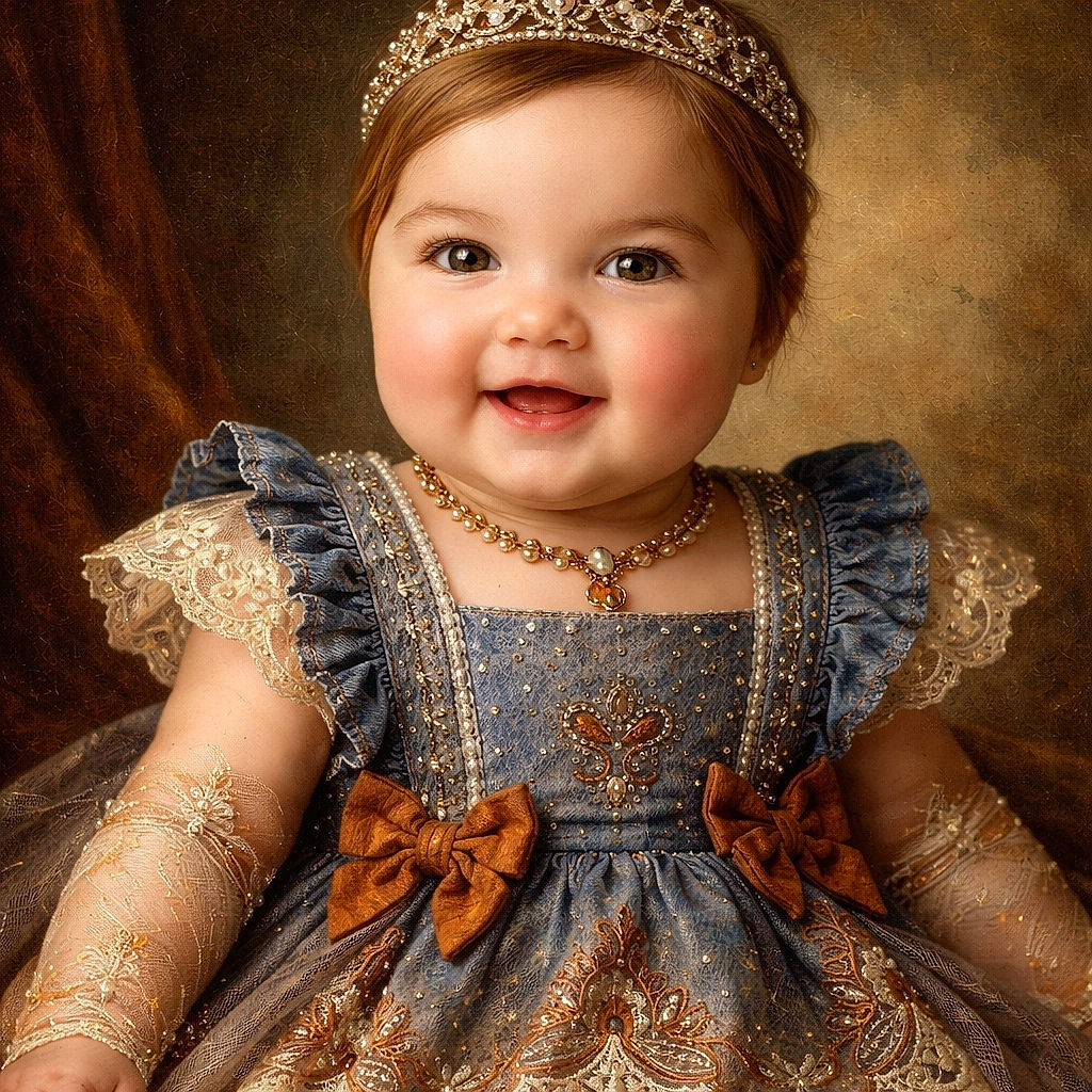 An adorable baby girl with a big smile, wearing a stylish denim dress adorned with lace and bows, complemented by a matching headband with rhinestones, set against a softly blurred background with warm fairy lights.