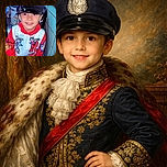 A cheerful young child dressed in a playful police hat and a colorful jacket, sitting on a blue bench with a tiled wall behind. The child beams a bright smile, bringing a sense of innocence and fun to the photo.