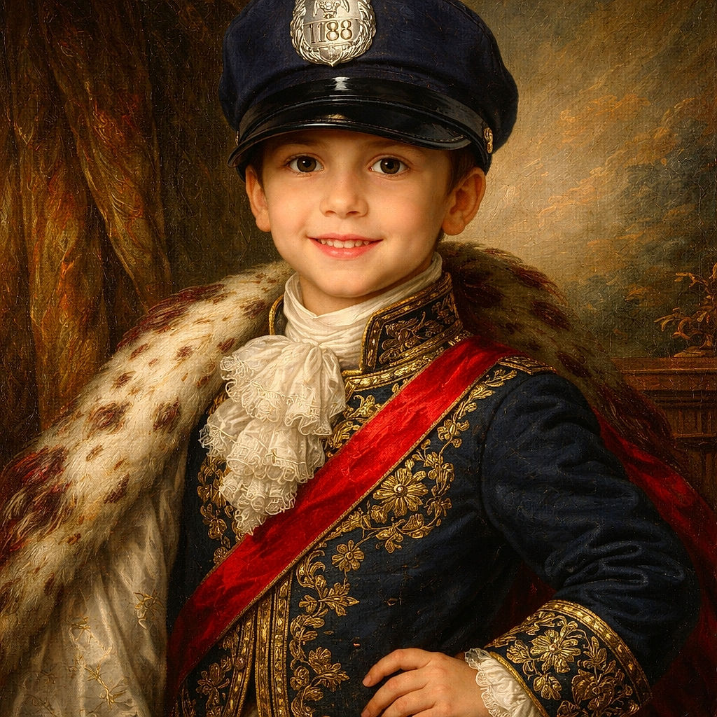 A cheerful young child dressed in a playful police hat and a colorful jacket, sitting on a blue bench with a tiled wall behind. The child beams a bright smile, bringing a sense of innocence and fun to the photo.