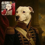 A soulful white dog sits proudly on a bright red couch, giving the camera a wonderfully serious look as if it has just been appointed chairperson of the living room. Soft window light, cozy furniture, and a shelf-filled background make this an adorable indoor portrait.