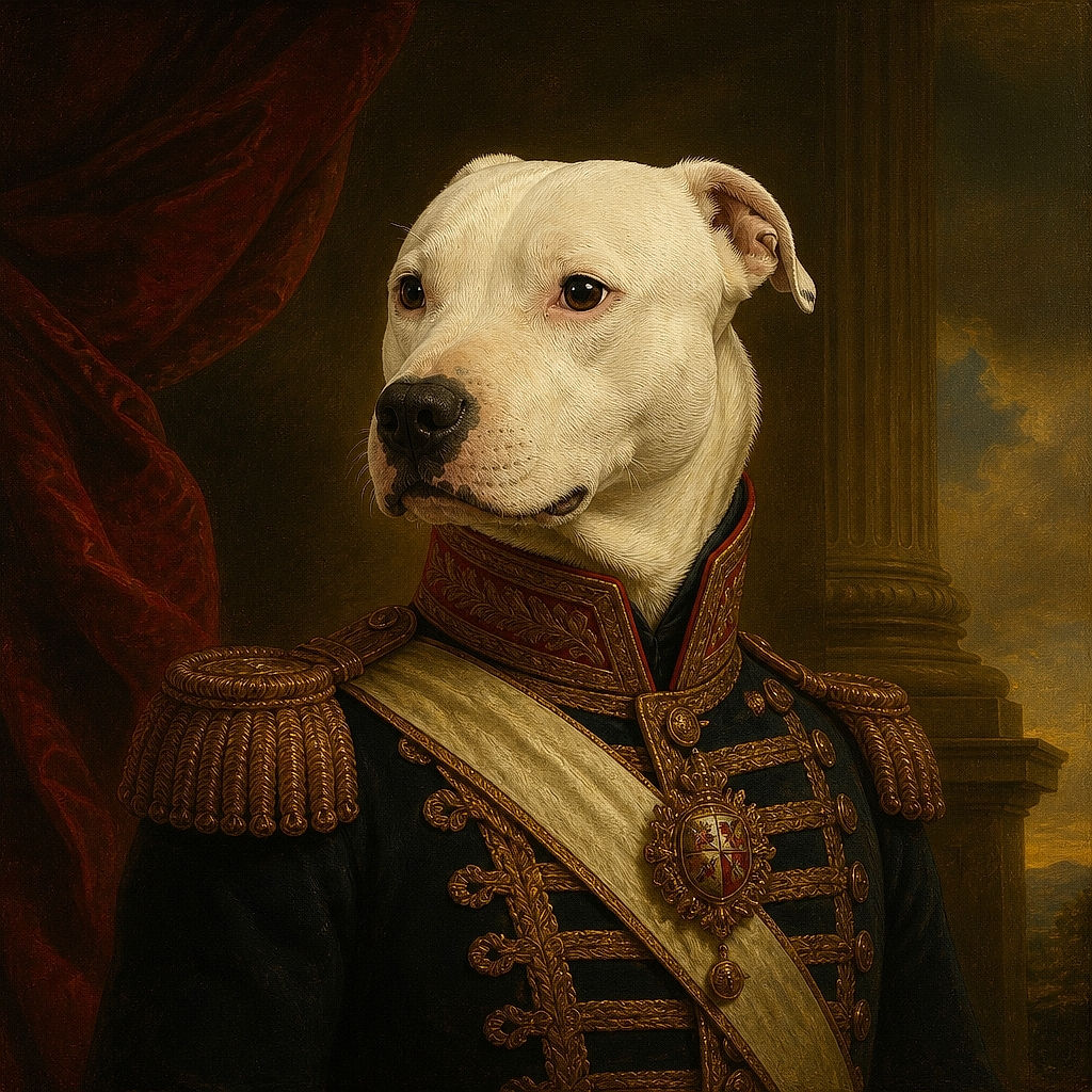 A soulful white dog sits proudly on a bright red couch, giving the camera a wonderfully serious look as if it has just been appointed chairperson of the living room. Soft window light, cozy furniture, and a shelf-filled background make this an adorable indoor portrait.