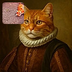 A vibrant orange tabby cat lounges on a textured, dry patch of ground, looking curiously at the camera with bright eyes. The earthy background contrasts with the cat's vivid fur, making it pop in this warm, sunny outdoor scene.