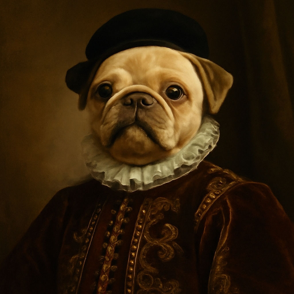 A cute pug puppy with big, soulful eyes looks up eagerly, sitting on a leopard-print fabric with a tiled floor background and a bag of pet food in the corner.