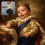 A happy baby lies on a checkered blue blanket, smiling with an arm stretched out, dressed in a playful sports-themed yellow shirt and navy pants, with a pacifier nearby, ready for some adorable mischief.