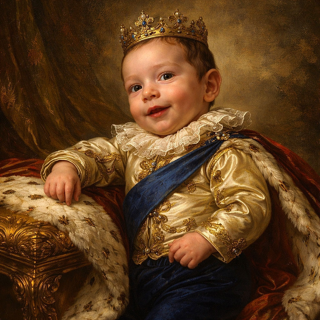 A happy baby lies on a checkered blue blanket, smiling with an arm stretched out, dressed in a playful sports-themed yellow shirt and navy pants, with a pacifier nearby, ready for some adorable mischief.