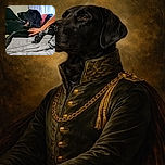 A black dog is caught mid-yawn while lying on a cozy blanket with a person's hand gently resting on its side. The background shows a softly lit window with sheer curtains, creating a calm and homely atmosphere.
