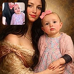 A cozy selfie featuring a woman with long black hair and a baby girl wearing a pink bow and floral dress, both looking charmingly at the camera in a softly lit room.