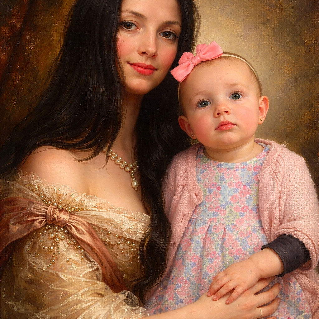 A cozy selfie featuring a woman with long black hair and a baby girl wearing a pink bow and floral dress, both looking charmingly at the camera in a softly lit room.