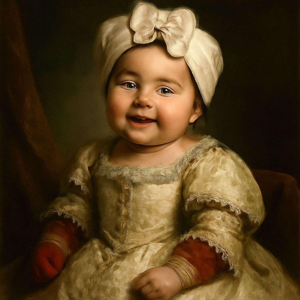 A delightful baby lying on a soft surface, wearing a cute pink dress adorned with a tennis-playing teddy bear, and a charming white headband with a polka-dot flower. The baby sports cozy red mittens and flashes a joyful smile that could brighten anyone's day.