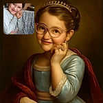 A joyful young girl wearing pink glasses and a light blue shirt with a colorful unicorn design poses sweetly with hands near her face, radiating pure happiness in a cozy home setting with a patterned blanket and playful decorations in the background.