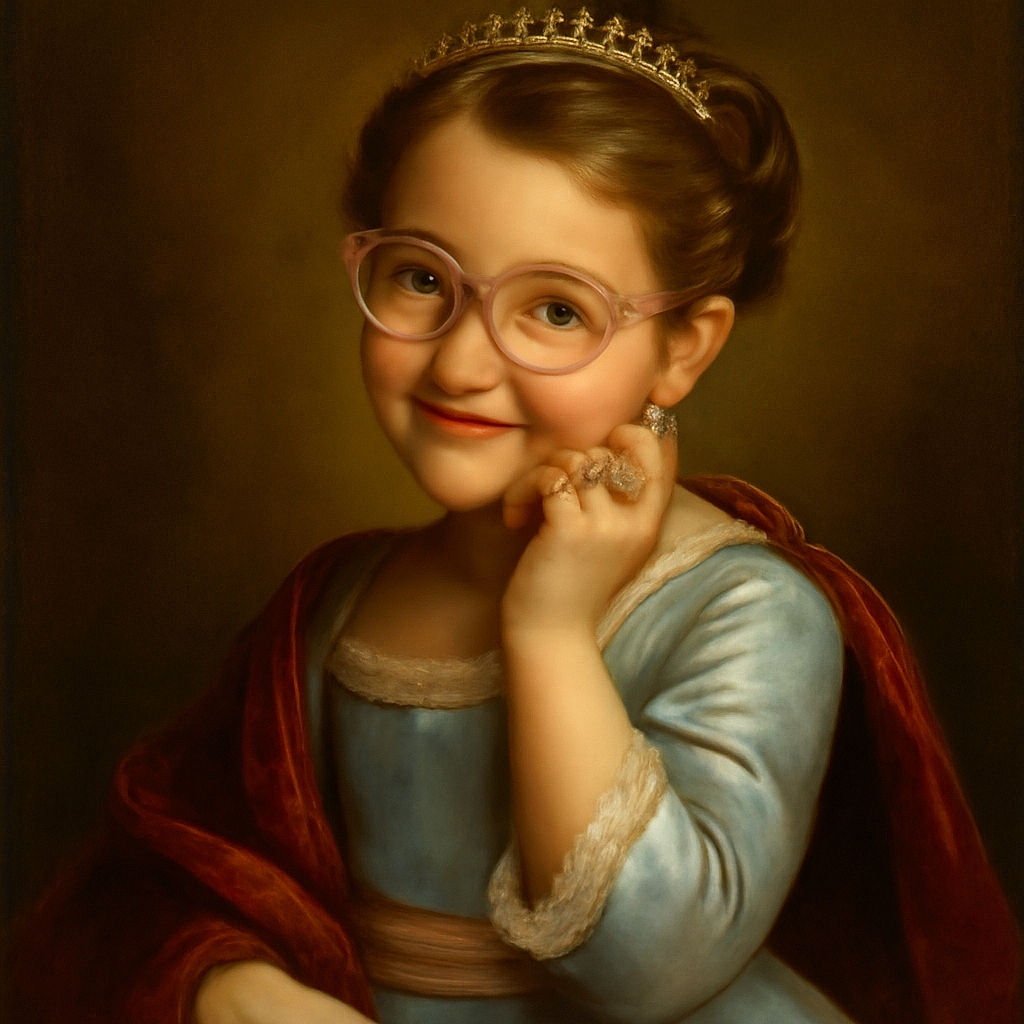 A joyful young girl wearing pink glasses and a light blue shirt with a colorful unicorn design poses sweetly with hands near her face, radiating pure happiness in a cozy home setting with a patterned blanket and playful decorations in the background.