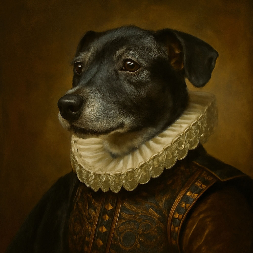 A close-up photo of a calm black and white dog with some gray fur, lying on a soft blanket with a plush toy in the background, looking thoughtfully into the distance.