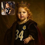 A little kid proudly sporting a Pittsburgh Steelers jersey stands barefoot on the carpet, striking a casual pose with a slightly open mouth. Behind, an adult sits on a couch facing away, while a TV plays in the background and toys and household items scatter the room, creating a cozy, lived-in atmosphere.
