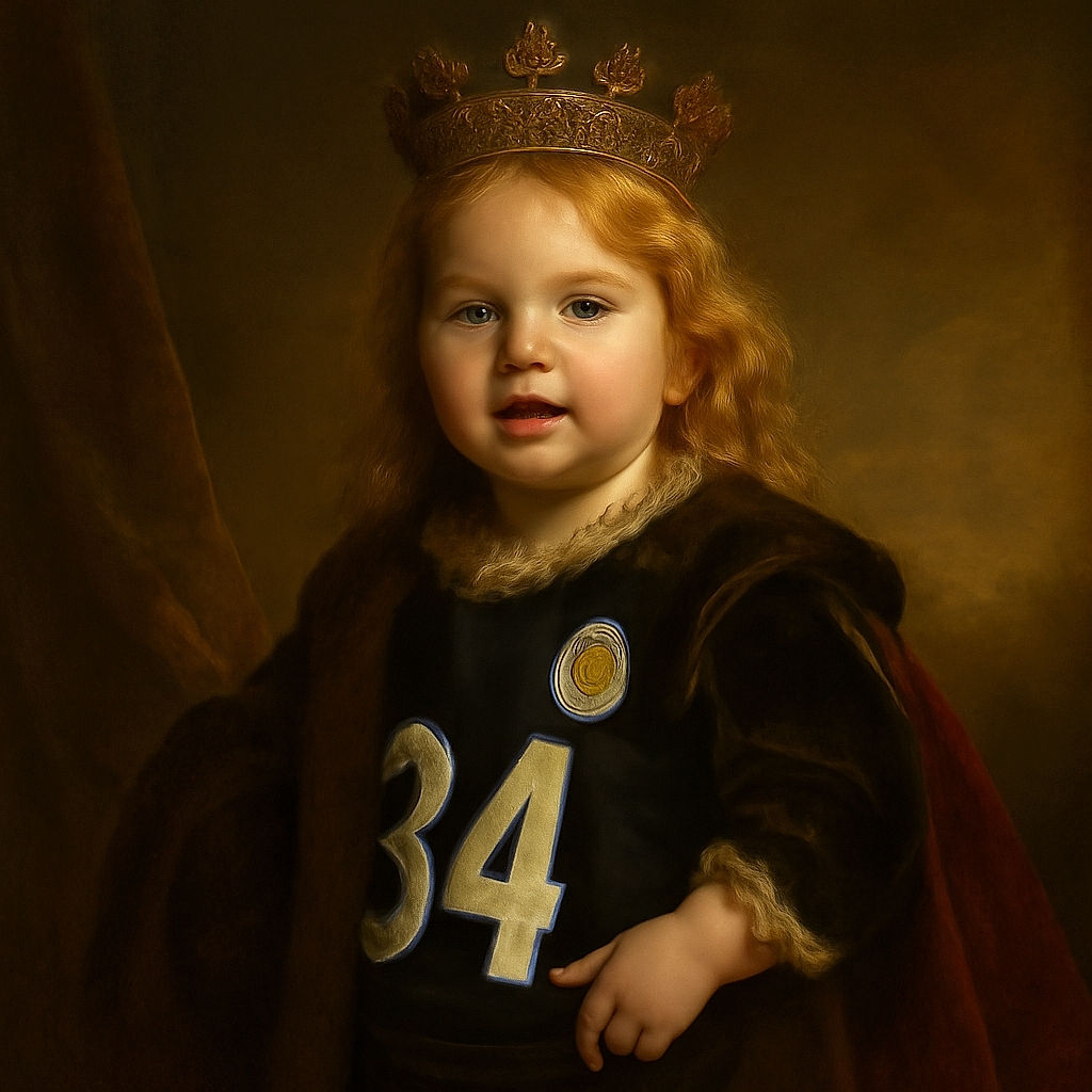 A little kid proudly sporting a Pittsburgh Steelers jersey stands barefoot on the carpet, striking a casual pose with a slightly open mouth. Behind, an adult sits on a couch facing away, while a TV plays in the background and toys and household items scatter the room, creating a cozy, lived-in atmosphere.
