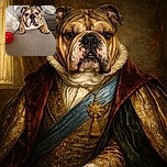 A charming bulldog lounges comfortably on a beige couch, staring directly at the camera with a slightly droopy yet adorable expression. A bright red textured toy sits nearby, adding a pop of color to the cozy living room setting filled with cushions and subtle home decor in the background.