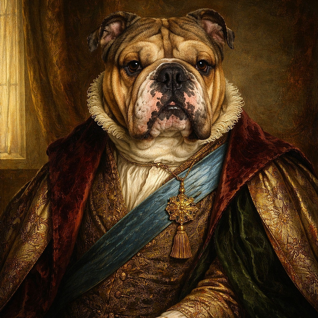 A charming bulldog lounges comfortably on a beige couch, staring directly at the camera with a slightly droopy yet adorable expression. A bright red textured toy sits nearby, adding a pop of color to the cozy living room setting filled with cushions and subtle home decor in the background.