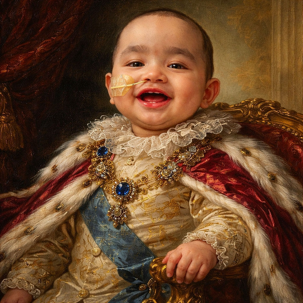 A cute baby with a nasal feeding tube sits in a high chair, sporting a colorful animal-themed shirt, with a slightly mischievous smile that brightens the clinical background filled with toys and medical supplies.