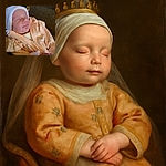 A peaceful newborn baby wrapped in a soft peach-colored jacket with strawberry patterns and a cozy striped hat, sleeping soundly with a slight smile, looking like the tiniest bundle of joy in a warm, homely setting.