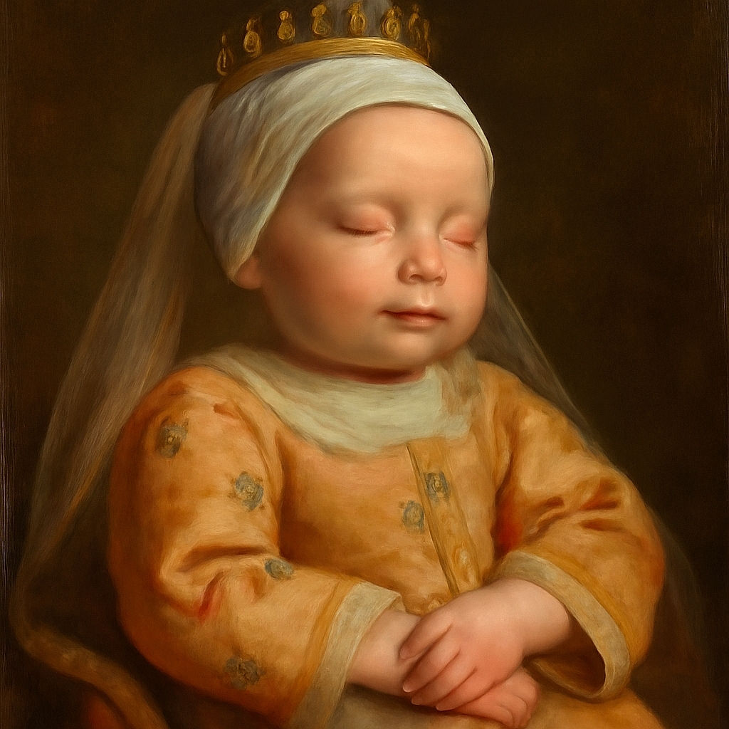 A peaceful newborn baby wrapped in a soft peach-colored jacket with strawberry patterns and a cozy striped hat, sleeping soundly with a slight smile, looking like the tiniest bundle of joy in a warm, homely setting.