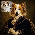 A fluffy brown-and-white dog lounges on the carpet with a cheerful little grin, looking like it has just heard the world’s funniest treat-related joke. Its enormous ears are on full radar duty while the cozy room sits quietly in the background.