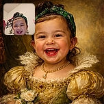 A joyful toddler with a green headband laughs gleefully, hands raised in excitement, with a cozy indoor setting and a bulletin board in the background.