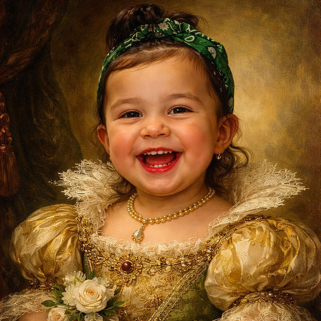 A joyful toddler with a green headband laughs gleefully, hands raised in excitement, with a cozy indoor setting and a bulletin board in the background.