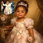 A charming toddler in a floral dress and white cardigan is standing proudly while holding the hands of two adults, sporting a cute pink bow on her head and white shoes, with a sparkly curtain backdrop adding a festive vibe.