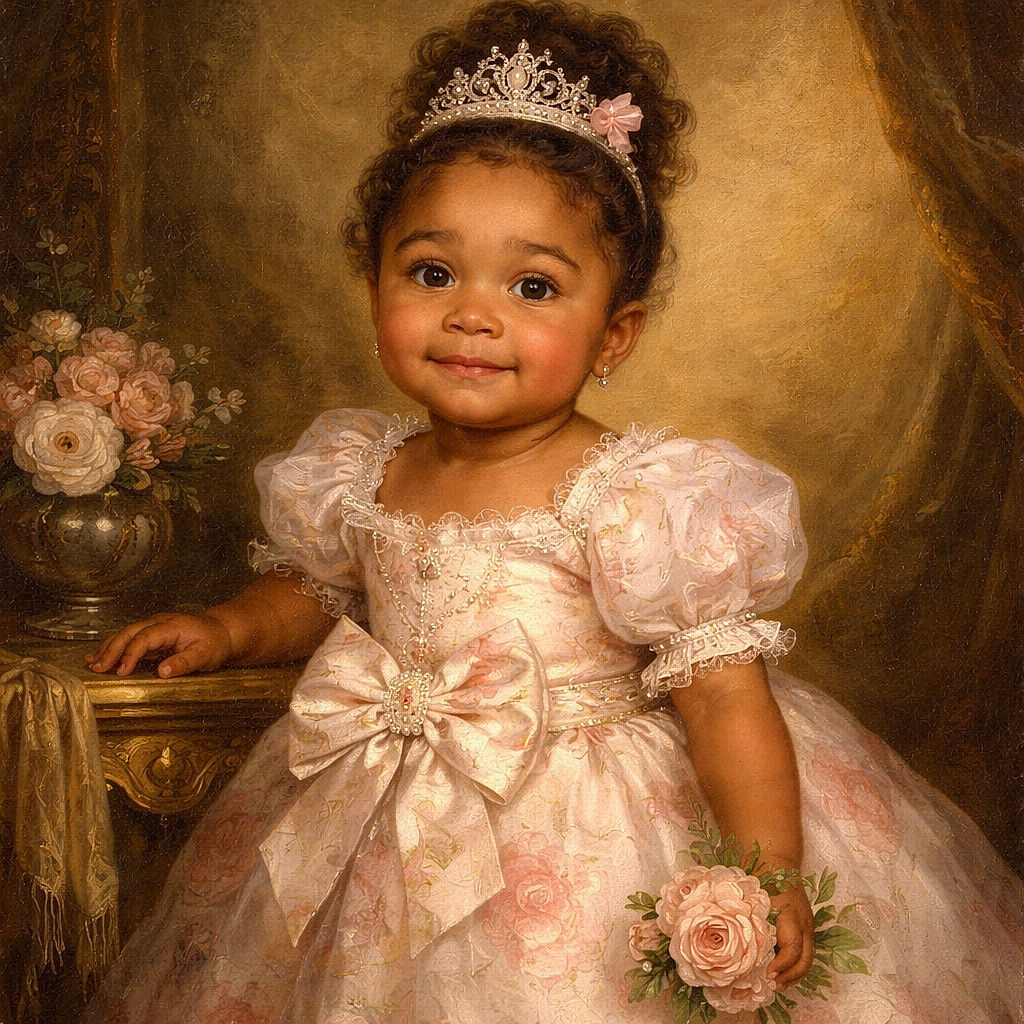 A charming toddler in a floral dress and white cardigan is standing proudly while holding the hands of two adults, sporting a cute pink bow on her head and white shoes, with a sparkly curtain backdrop adding a festive vibe.