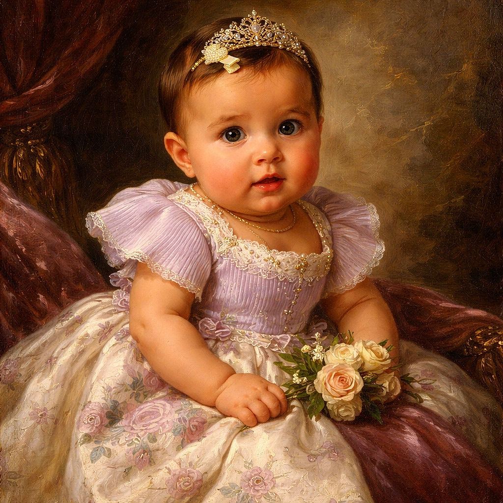 A chubby-cheeked baby clutching (and taste-testing) a wooden “seven months” milestone disc, dressed in a floral frock with a sparkly hair clip — sitting on a soft blanket in warm indoor light like a tiny, adorable food critic.