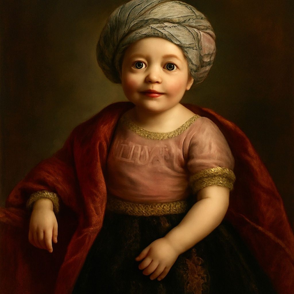 A cheerful baby wearing a colorful head wrap and a pink shirt that says 'I love my mommy' is standing against a wall, dressed in a sparkly black skirt. An older child is partially visible, playfully holding the baby to steady them. The photo has a cozy indoor vibe with a playful timestamp and heart graphic overlay reading 'Friday 7:27 PM'.