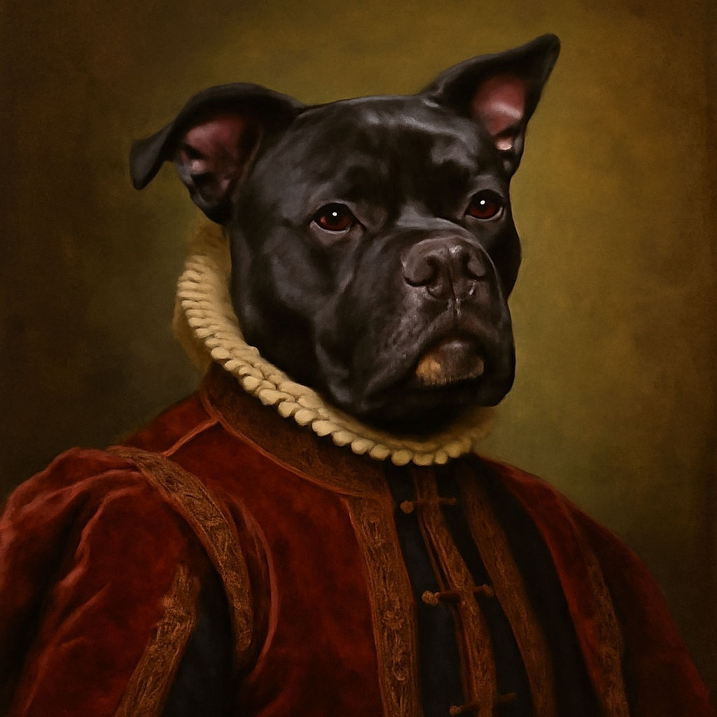 A curious black dog with a shiny coat and a red collar stands alert on a patch of grass and dirt, with a leafy green bush in the background. The dog’s ears are perked up, and it looks ready for an adventure or a game of fetch.