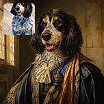 A wonderfully fluffy spaniel sits on the wooden floor, gazing up with the cheerful expression of a canine celebrity who has just been told there are treats backstage.