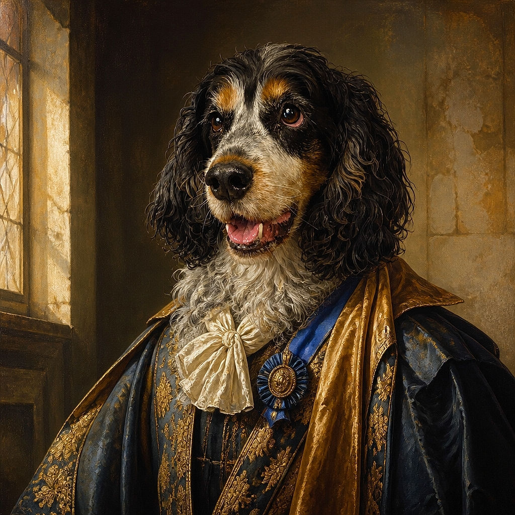 A wonderfully fluffy spaniel sits on the wooden floor, gazing up with the cheerful expression of a canine celebrity who has just been told there are treats backstage.