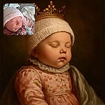 A peaceful sleeping newborn bundled in a floral outfit and a soft pink knitted hat, resting comfortably with a cozy blanket in a softly lit room with a wooden floor and some household items in the background.