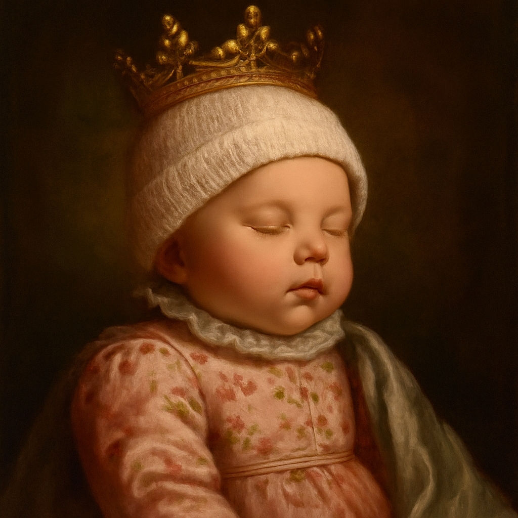 A peaceful sleeping newborn bundled in a floral outfit and a soft pink knitted hat, resting comfortably with a cozy blanket in a softly lit room with a wooden floor and some household items in the background.