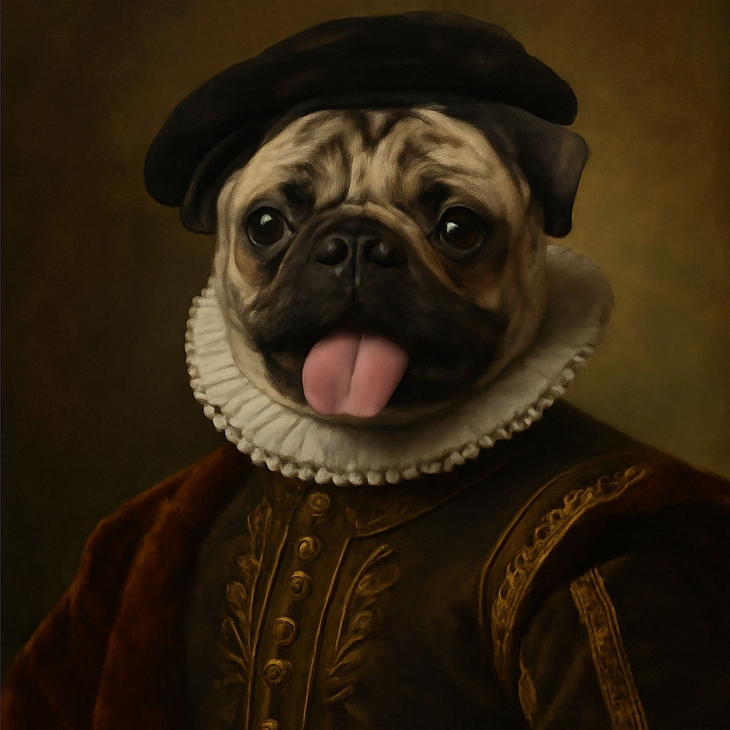 A cheerful pug wearing a blue shirt with a lion print sits on a carpeted floor, tongue out in a goofy smile, with a cozy living room setting in the background including a couch and a glass table with soda cans.