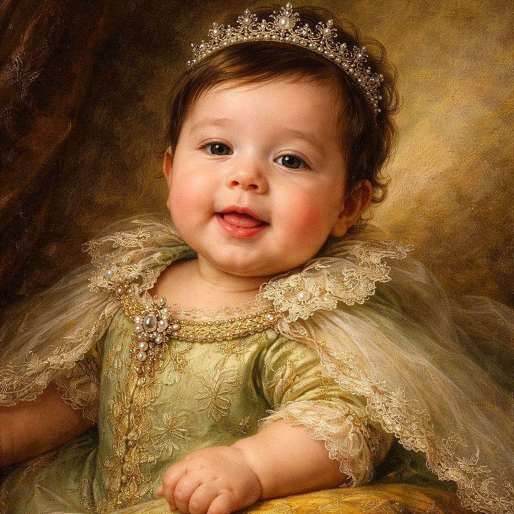 A chubby-cheeked baby wearing a green outfit lies on a patterned blanket, smiling with tongue slightly out, radiating pure joy and cuteness overload.