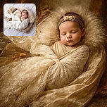 A peacefully sleeping newborn wrapped snugly in a delicate lace blanket, nestled on a fluffy cream cushion with soft earthy tones and rustic wooden floor background, radiating pure innocence and tranquility.
