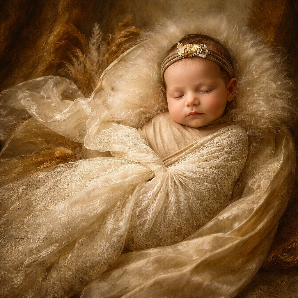 A peacefully sleeping newborn wrapped snugly in a delicate lace blanket, nestled on a fluffy cream cushion with soft earthy tones and rustic wooden floor background, radiating pure innocence and tranquility.
