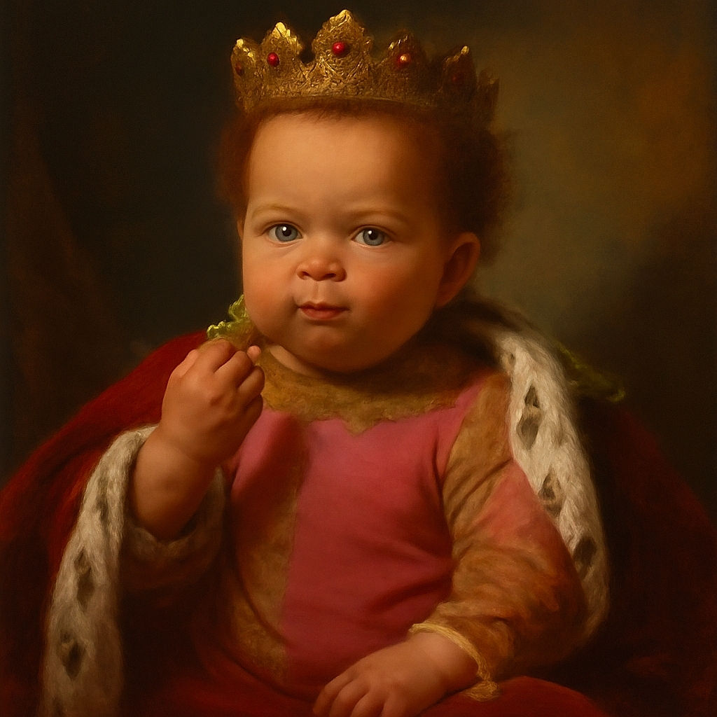 A cute toddler in a bright pink shirt sits comfortably on patterned pillows, munching on a snack with a slightly messy face and an inquisitive expression.