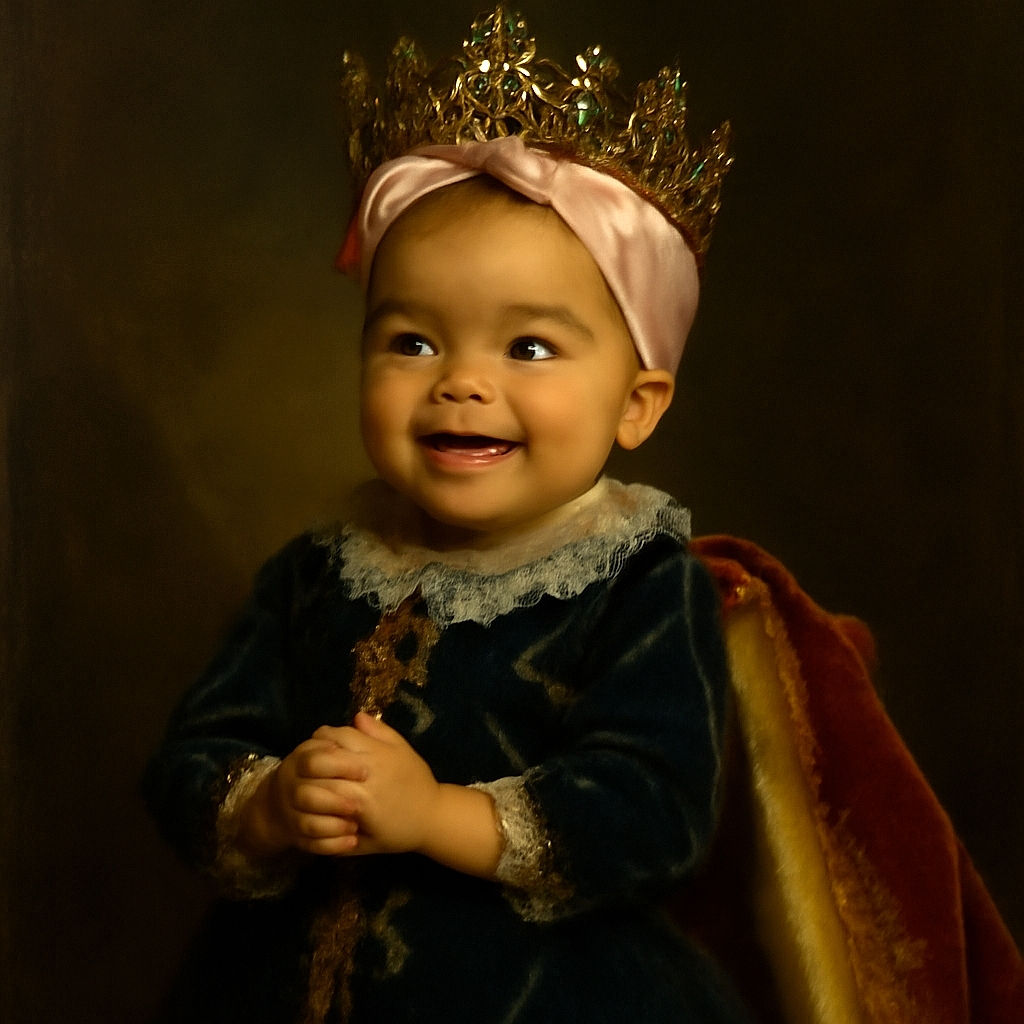A happy baby wearing a floral onesie and a big pink bow headband is sitting comfortably on a soft, striped pillow on a bed with light pink sheets. The baby is smiling joyfully, with hands clasped together and gold baby shoes on, radiating pure cuteness.
