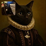 A sleek black cat with bright yellow eyes lounges comfortably on a textured blanket. The cat wears a cute fish-shaped tag on its collar, and the cozy indoor setting is softly lit with warm fairy lights in the background, creating a calm and inviting atmosphere.